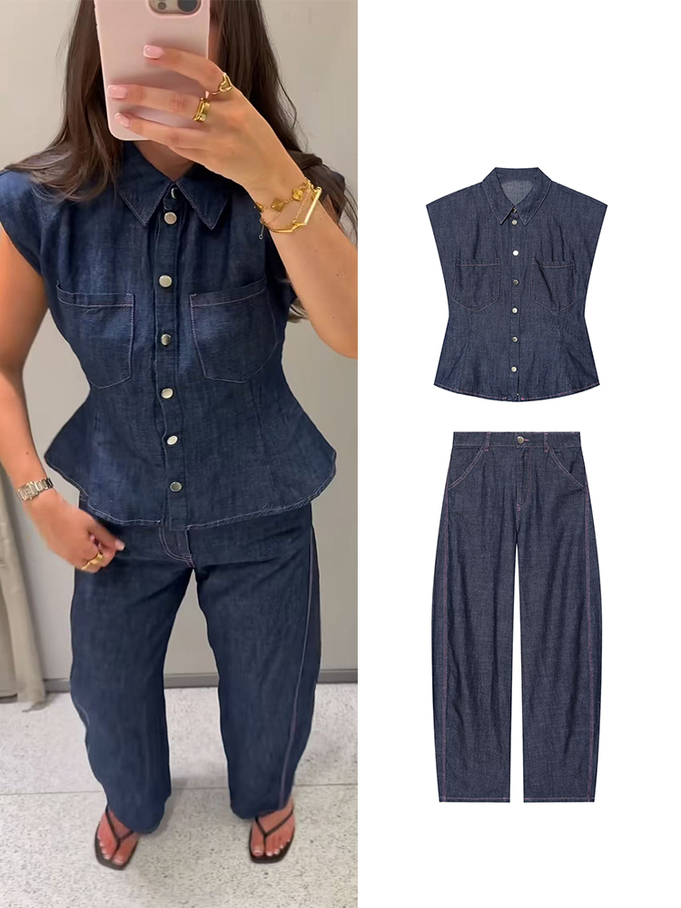 TFMLN Vrouwen Denim Broek Set  - Shoulder Pad Set In recensie en prijs